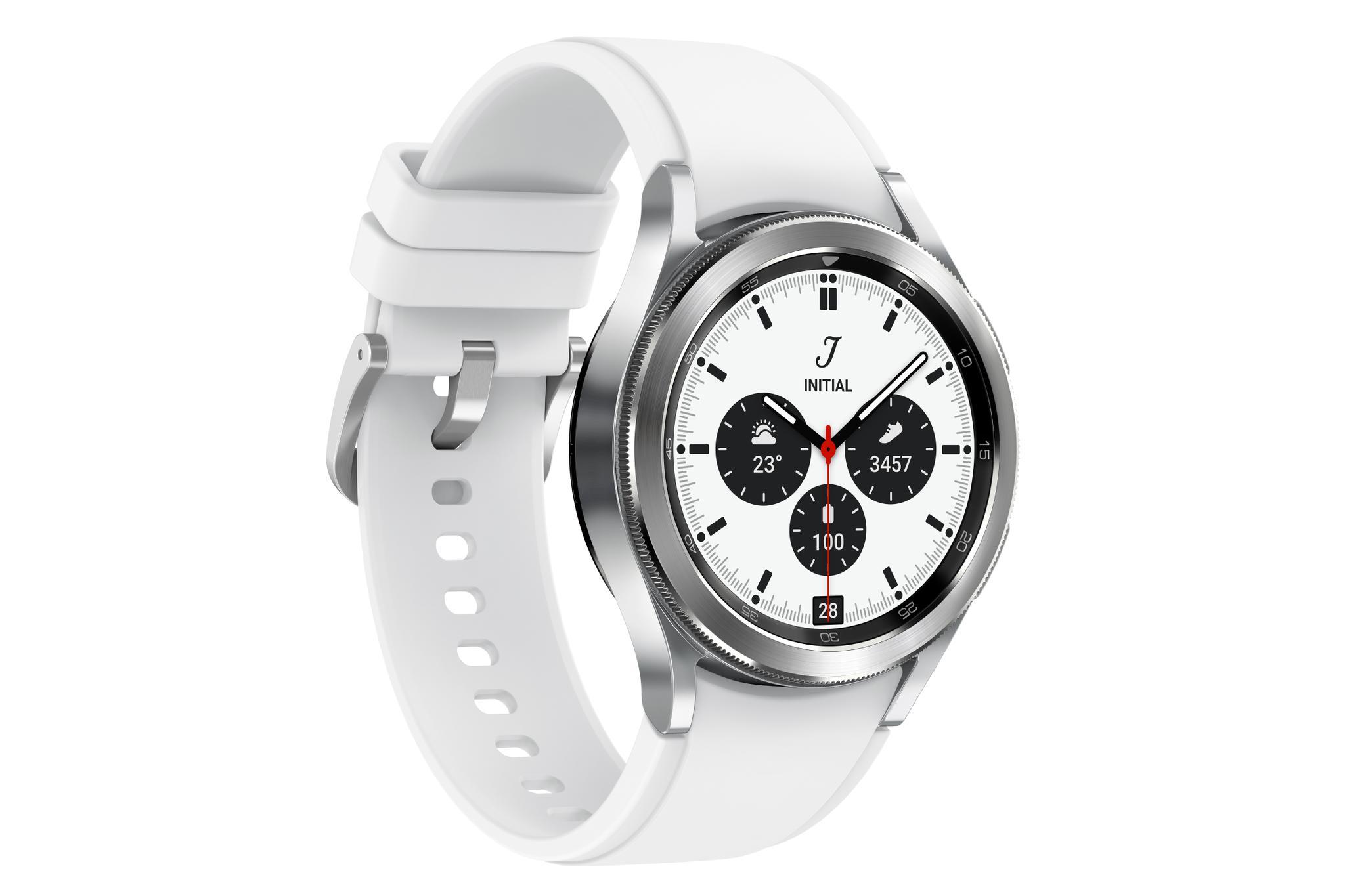 Išmanusis laikrodis Samsung Galaxy Watch4 Classic LTE (42 mm), Sidabrinės spalvos korpusas su baltos spalvos silikoniniu dirželiu