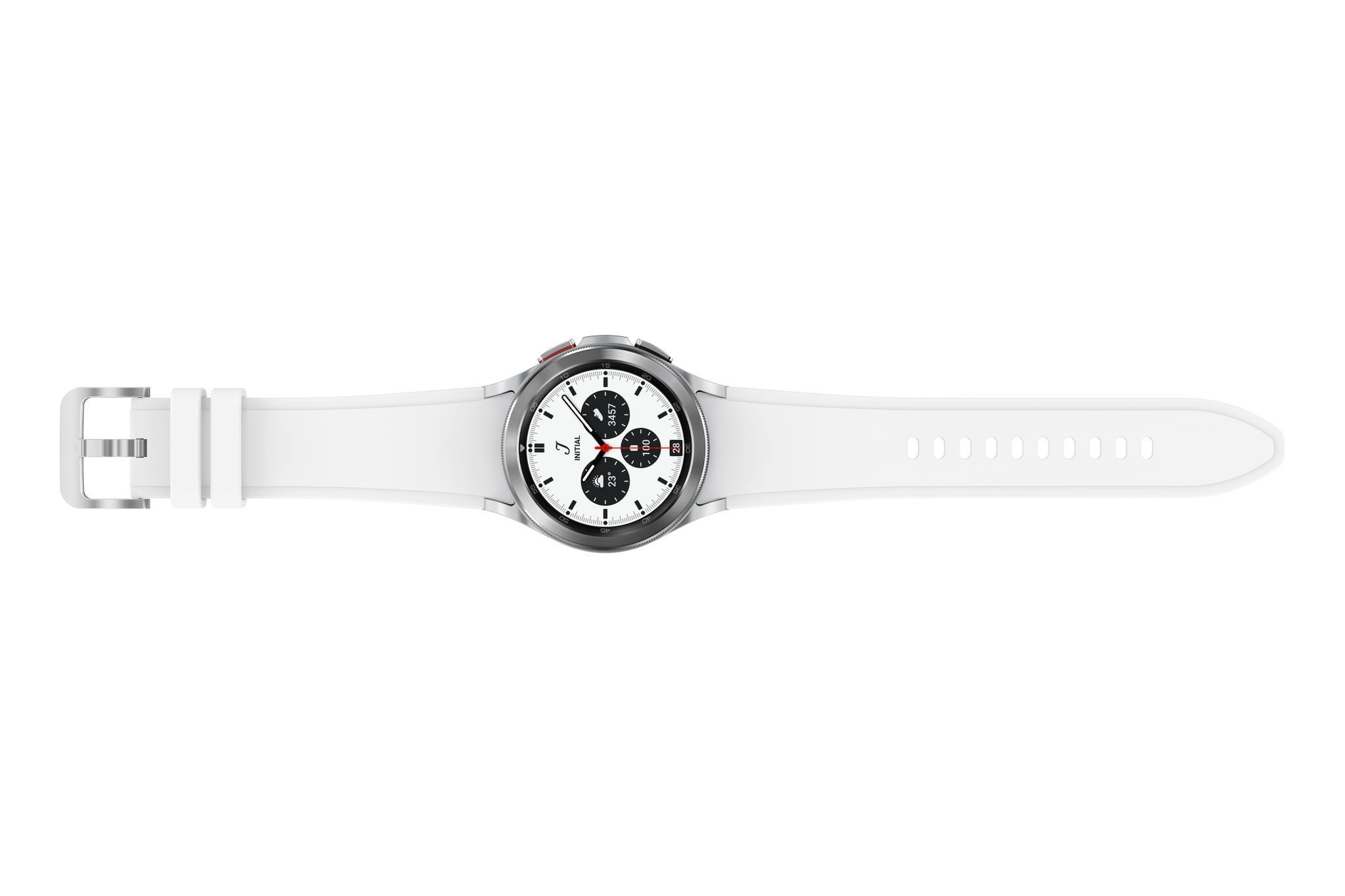 Išmanusis laikrodis Samsung Galaxy Watch4 Classic LTE (42 mm), Sidabrinės spalvos korpusas su baltos spalvos silikoniniu dirželiu
