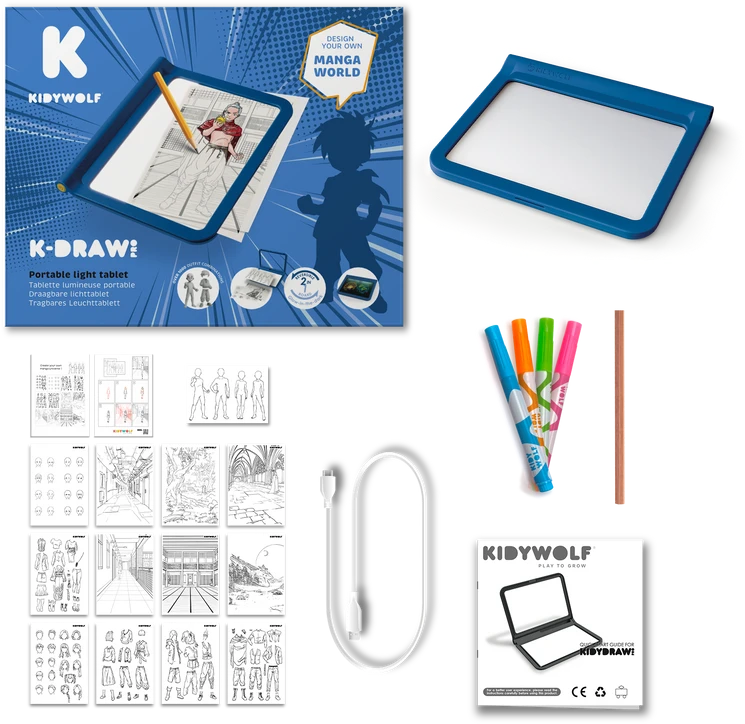 KIDYWOLF šviečianti dvipusė piešimo planšetė K-DRAW PRO, mėlyna