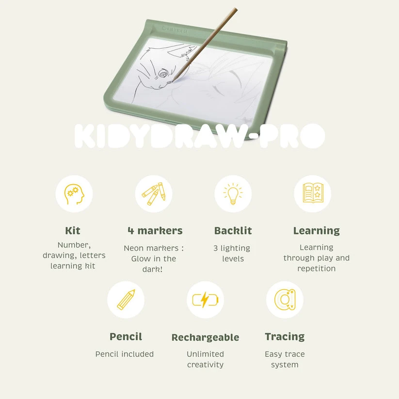 KIDYWOLF šviečianti dvipusė piešimo planšetė KIDYDRAW-PRO, žalia