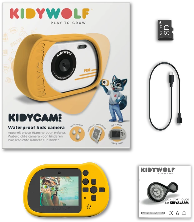 KIDYWOLF vandeniui atsparus skaitmeninis fotoaparatas KIDYCAM, geltonas