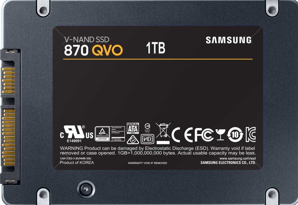 Kietasis diskas  SSD SAMSUNG 870 QVO/1TB/Rašymo greitis 530 MBytes/sec/Skaitymo greitis 560 MBytes/sec/2,5"/TBW 360 TB/MTBF 1500000 hours/MZ-77Q1T0BW