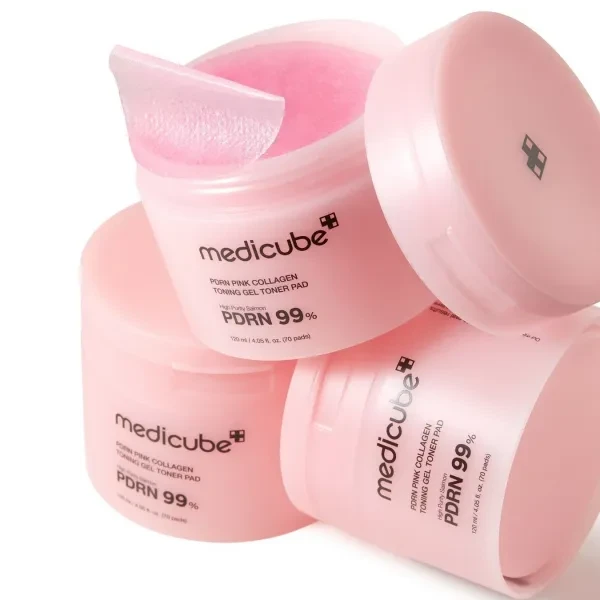Medicube PDRN Pink Collagen Toning Gel Toner Pad veido valymo padeliai su PDRN, 120 ml/70 vnt