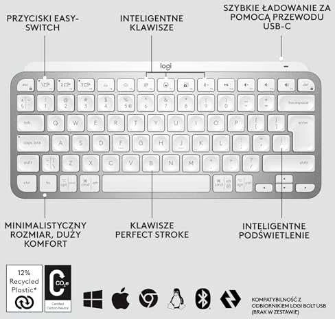 Minimalistinė Belaidė Klaviatūra su apašvietimu Logitech MX Keys Mini, Pilkos spalvos, US tarptautinis (Qwerty) išdėstymas