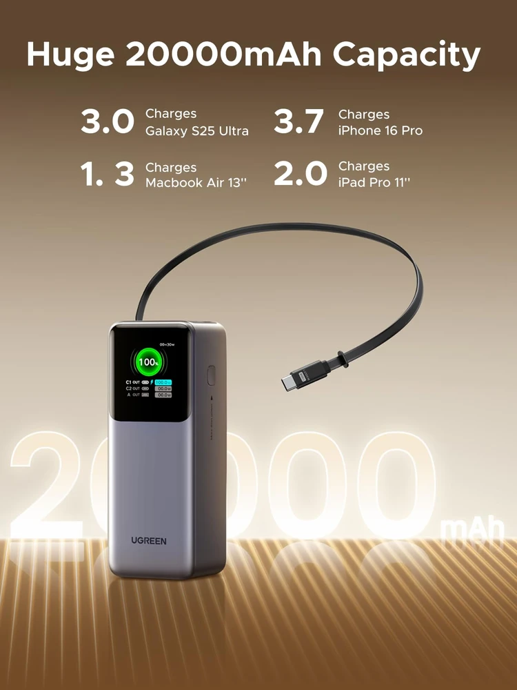 Nešiojama baterija UGREEN Nexode Power Bank, 165W, 20,000 mAh, su įtraukiamu kabeliu