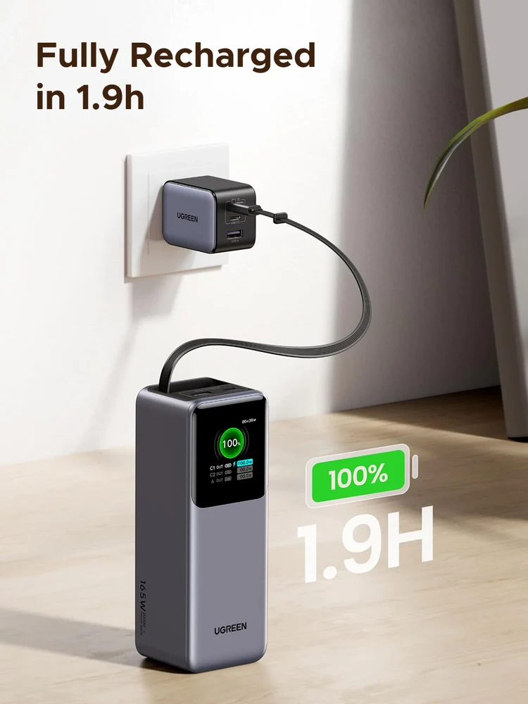 Nešiojama baterija UGREEN Nexode Power Bank, 165W, 20,000 mAh, su įtraukiamu kabeliu