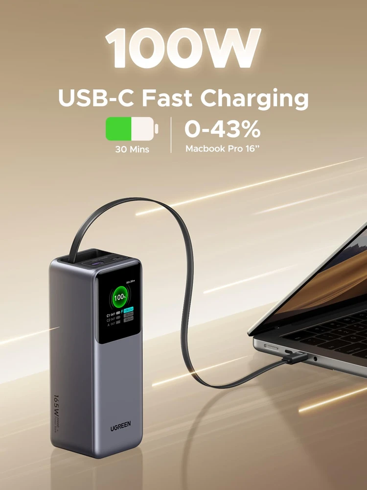 Nešiojama baterija UGREEN Nexode Power Bank, 165W, 20,000 mAh, su įtraukiamu kabeliu