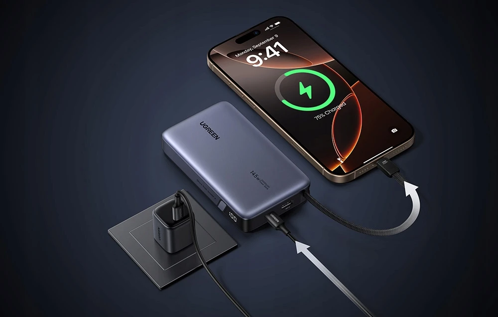 UGREEN nešiojama baterija (Power Bank) 20000mAh, 145W, su integruotu kabeliu, greitasis įkrovimas