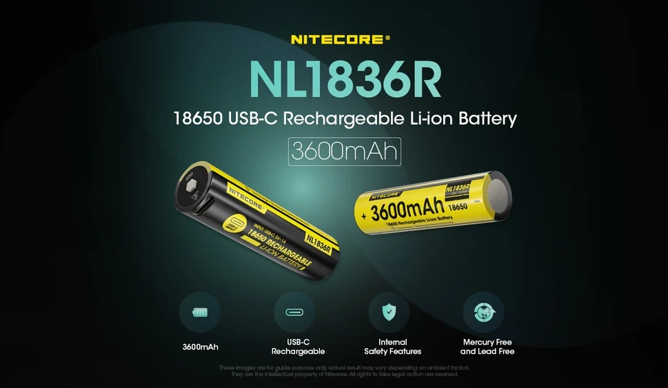 Nitecore NL1836R 18650 Li-Ion įkraunama baterija su USB-C, 3600 mAh, 6 A