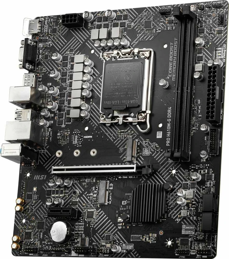 Pagrindinė plokštė MSI PRO H610M-G DDR4/LGA1700/MicroATX/Atminties lizdai 2/1xPCI-Express 3.0 1x/1xPCI-Express 4.0 16x/1xM.2/1x15pin D-sub/1xHDMI/1xDisplayPort/2xAudio-In/1xAudio-Out/4xUSB 2.0/2xUSB 3.2/1xPS/2/1xRJ45