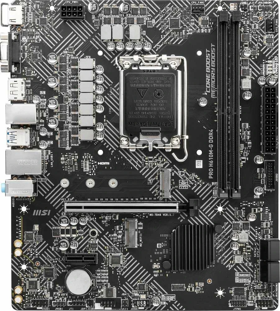 Pagrindinė plokštė MSI PRO H610M-G DDR4/LGA1700/MicroATX/Atminties lizdai 2/1xPCI-Express 3.0 1x/1xPCI-Express 4.0 16x/1xM.2/1x15pin D-sub/1xHDMI/1xDisplayPort/2xAudio-In/1xAudio-Out/4xUSB 2.0/2xUSB 3.2/1xPS/2/1xRJ45