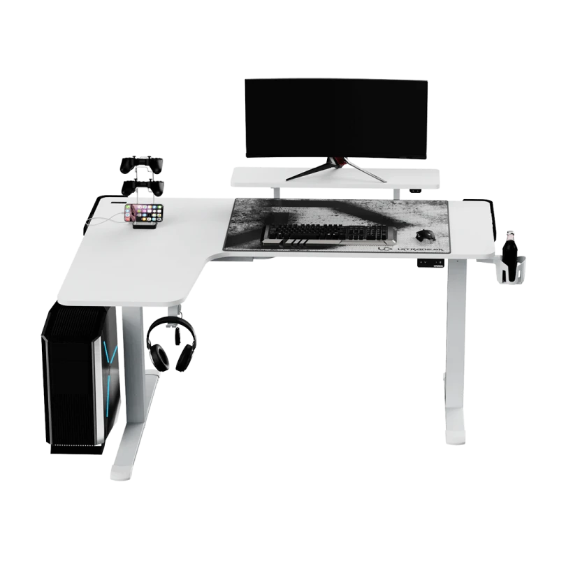 Reguliuojamo aukščio kampinis žaidimų stalas Ultradesk Winger LED RGB, Baltos spalvos