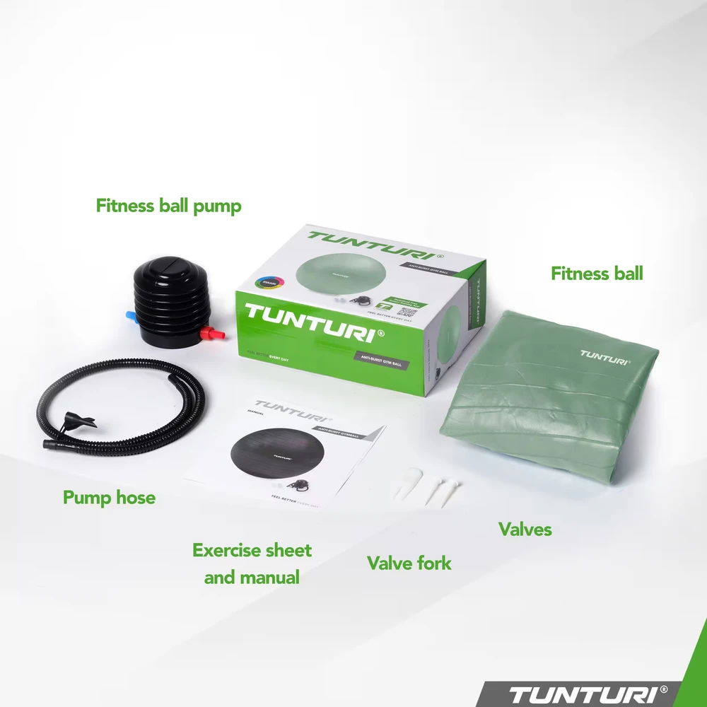 Tunturi Anti Burst gimnastikos kamuolys su pompa, 65 cm, mėtų spalvos