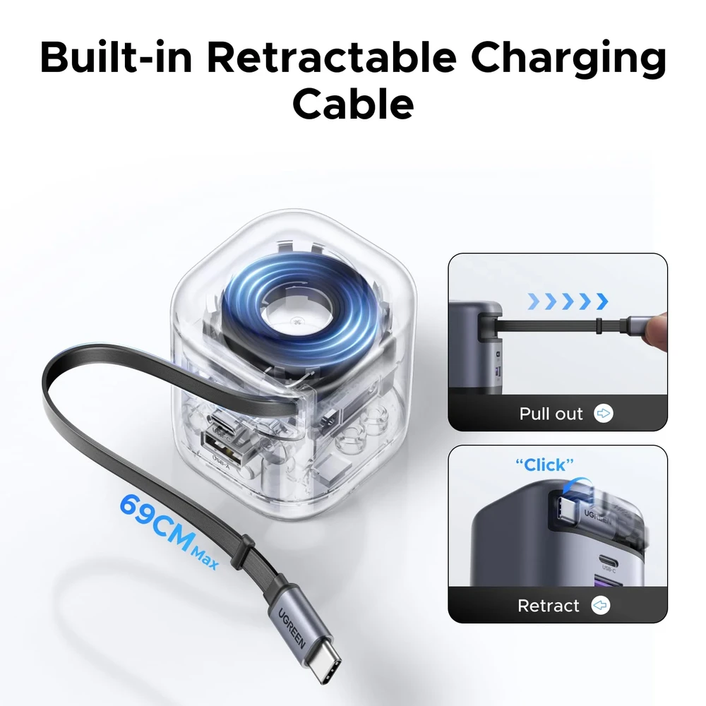 UGREEN Nexode 45W GaN įkroviklis su ištraukiamu USB-C laidu
