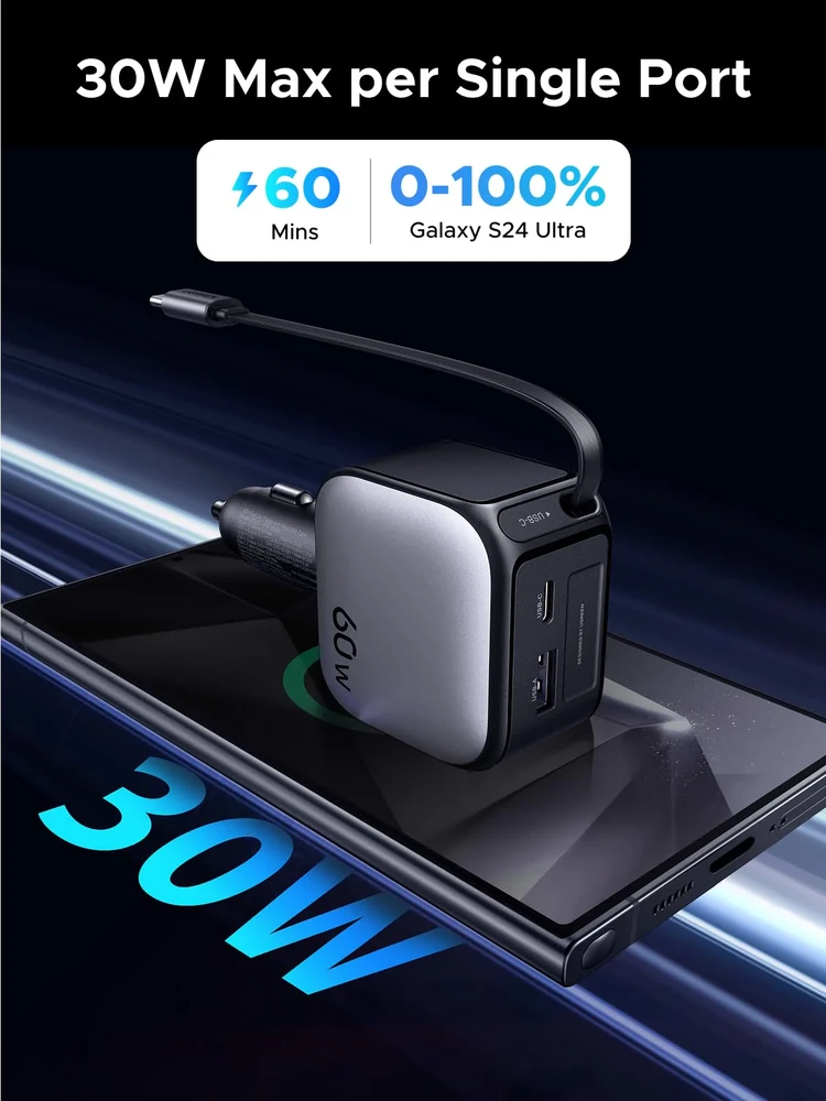 UGREEN Nexode 60W automobilinis įkroviklis su ištraukiamu USB-C laidu