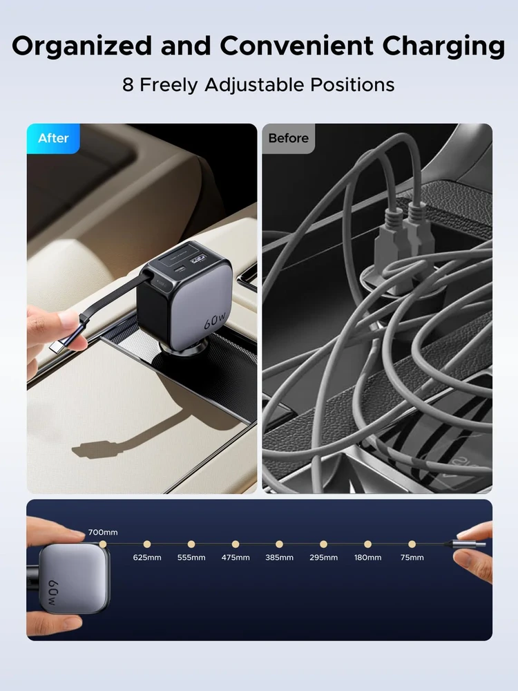 UGREEN Nexode 60W automobilinis įkroviklis su ištraukiamu USB-C laidu