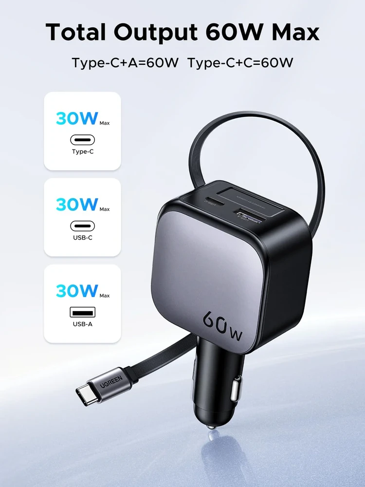 UGREEN Nexode 60W automobilinis įkroviklis su ištraukiamu USB-C laidu