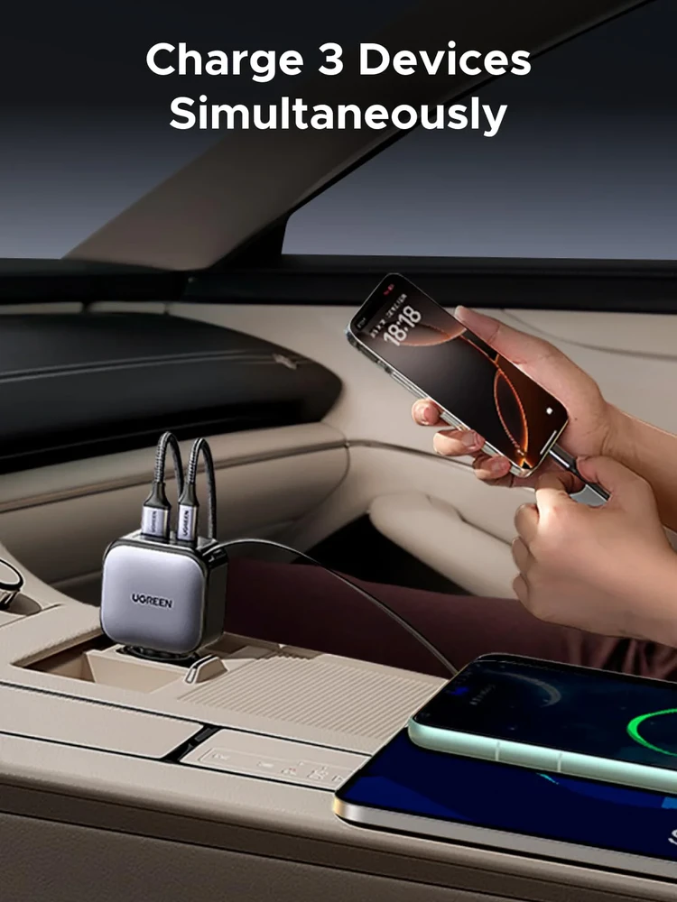 UGREEN Nexode 60W automobilinis įkroviklis su ištraukiamu USB-C laidu