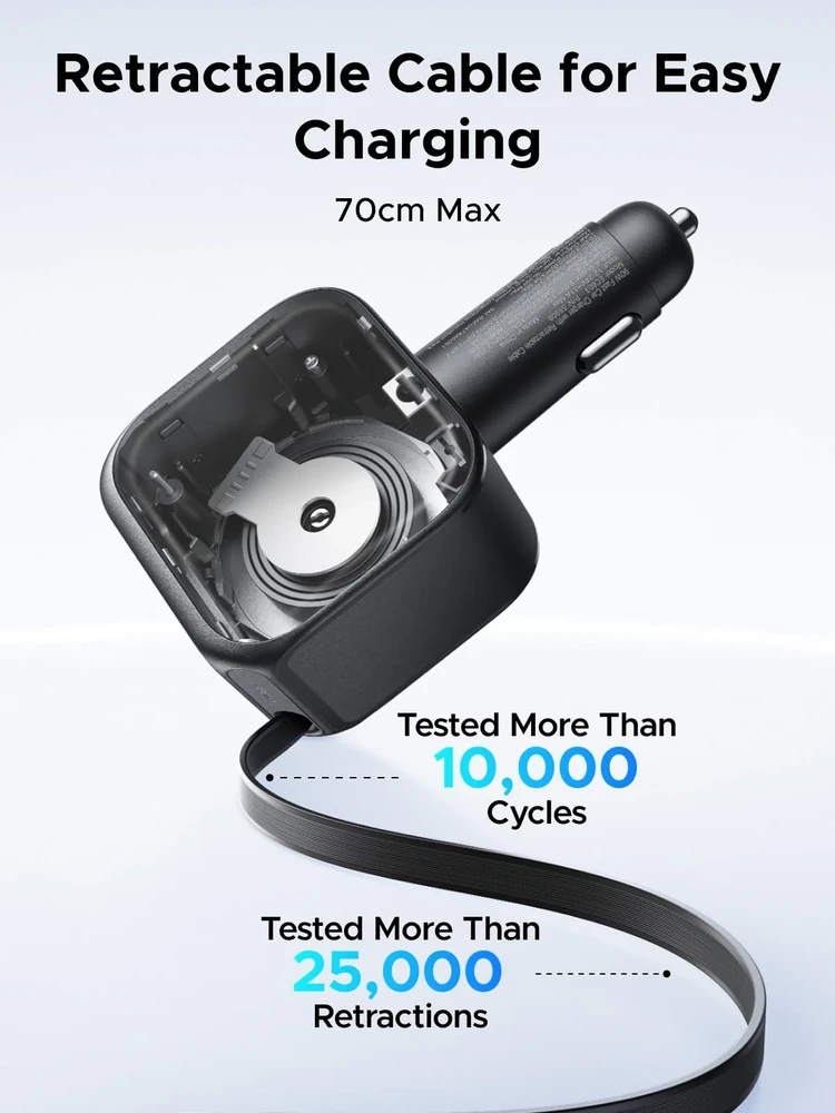 UGREEN Nexode 60W automobilinis įkroviklis su ištraukiamu USB-C laidu