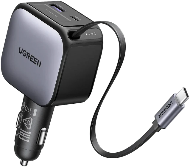 UGREEN Nexode 60W automobilinis įkroviklis su ištraukiamu USB-C laidu