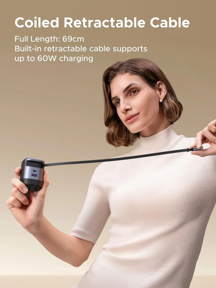 UGREEN Nexode 65W GaN įkroviklis su ištraukiamu USB-C laidu