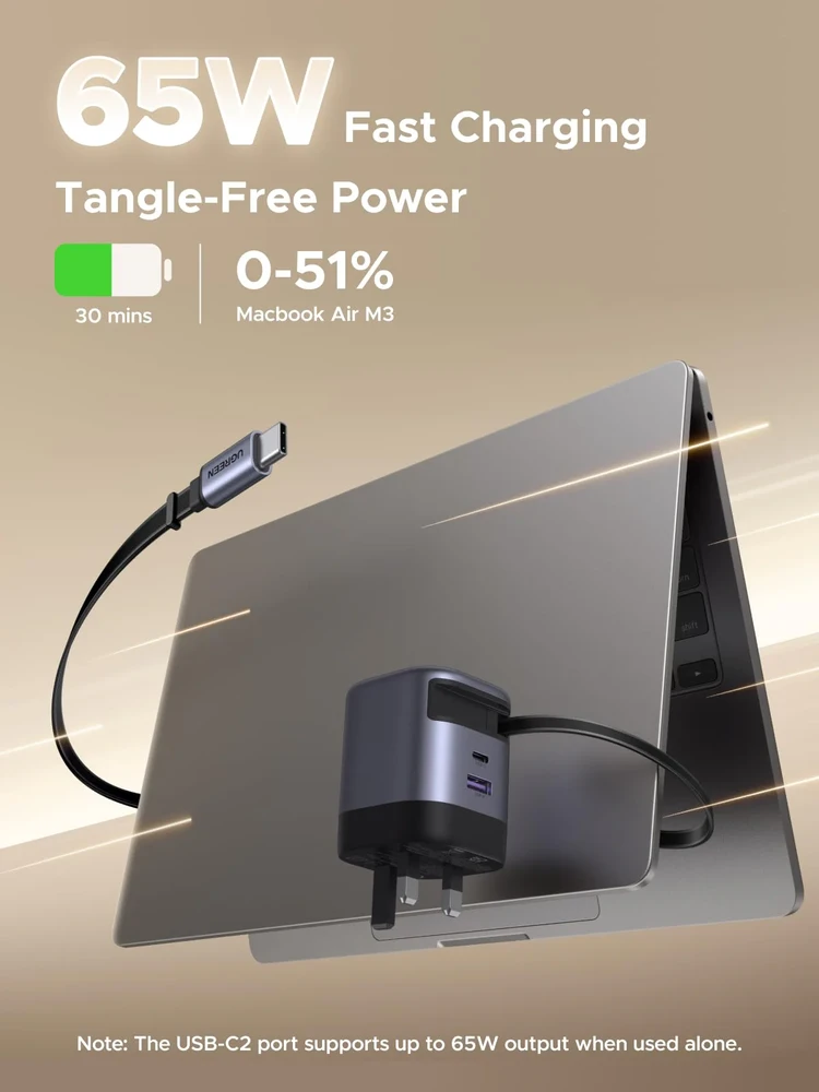UGREEN Nexode 65W GaN įkroviklis su ištraukiamu USB-C laidu