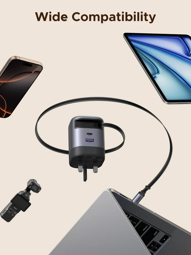 UGREEN Nexode 65W GaN įkroviklis su ištraukiamu USB-C laidu