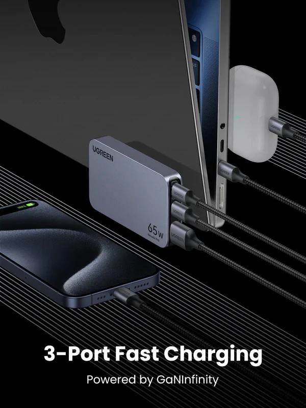 Mobiliųjų įrenginių ir nešiojamųjų kompiuterių sieninis įkroviklis UGREEN Pro 65W 3-Port GaN Ultra-Slim, su greituoju įkrovimu