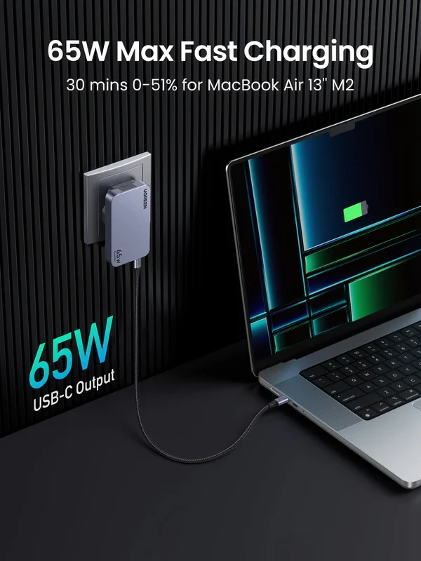 Mobiliųjų įrenginių ir nešiojamųjų kompiuterių sieninis įkroviklis UGREEN Pro 65W 3-Port GaN Ultra-Slim, su greituoju įkrovimu