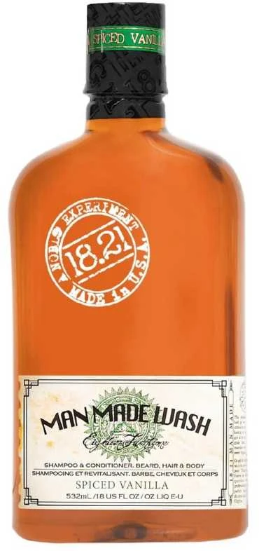 18.21 Man Made Wash Spiced Vanilla daugiafunkcė priemonė vyrams 3in1: šampūnas, kondicionierius ir kūno prausiklis viename, 530 ml