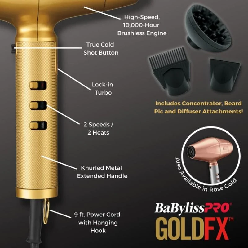 Profesionalus plaukų džiovintuvas BaByliss Pro 4 Artists Gold FX Digital Dryer FXBDG1E, 2200 W, aukso spalvos