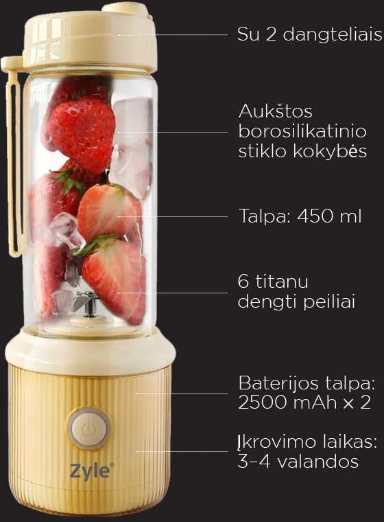 Įkraunama nešiojama kokteilinė su titanu dengtais ašmenimis Zyle, ZY04RBY, geltonos spalvos