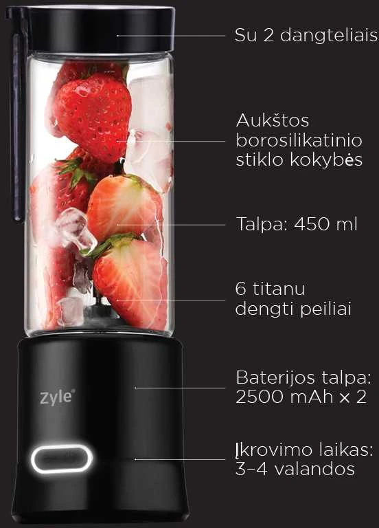 Įkraunama nešiojama kokteilinė su titanu dengtais ašmenimis Zyle, ZY02RBB, juodos spalvos