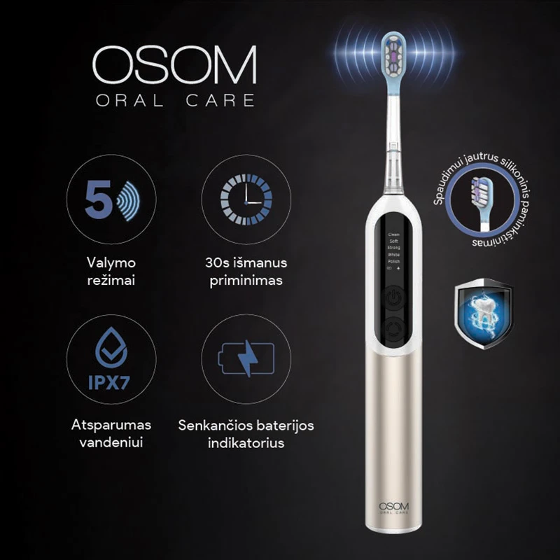 Įkraunamas, elektrinis dantų šepetėlis OSOM Oral Care Sonic Toothbrush OSOMORALM2PROG, auksinės spalvos
