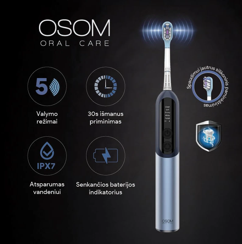 Įkraunamas, elektrinis dantų šepetėlis OSOM Oral Care Sonic Dantų šepetėlis OSOMORALM2PROB, mėlynos spalvos