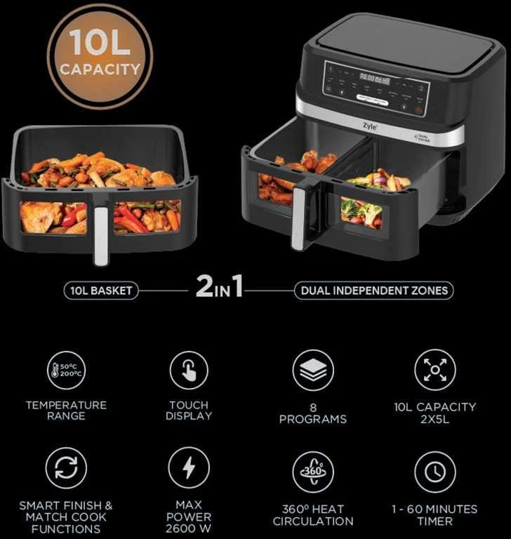 Karšto oro gruzdintuvė Zyle Dual Air Fryer 2 in 1 ZY551AF, 10 l