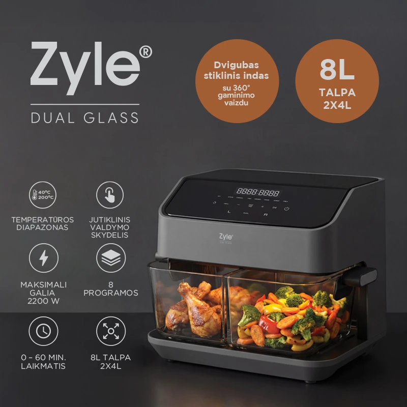 Karšto oro gruzdintuvė Zyle Dual Glass ZY070AF, 2200 W, 8 l