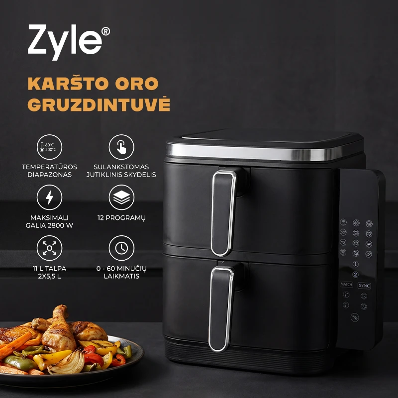 Karšto oro gruzdintuvė Zyle ZY012AF, dviejų aukštų, 2800 W, 11 l