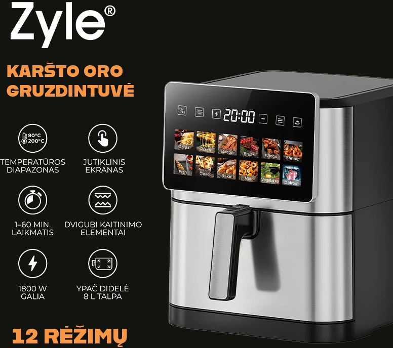 Karšto oro gruzdintuvė Zyle ZY081DUAL, su dvigubu kaitinimo elementu, 1800 W