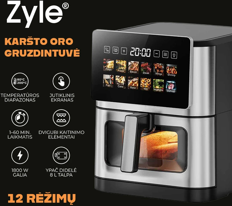 Karšto oro gruzdintuvė Zyle ZY082DUALW, su dvigubu kaitinimo elementu, 1800 W
