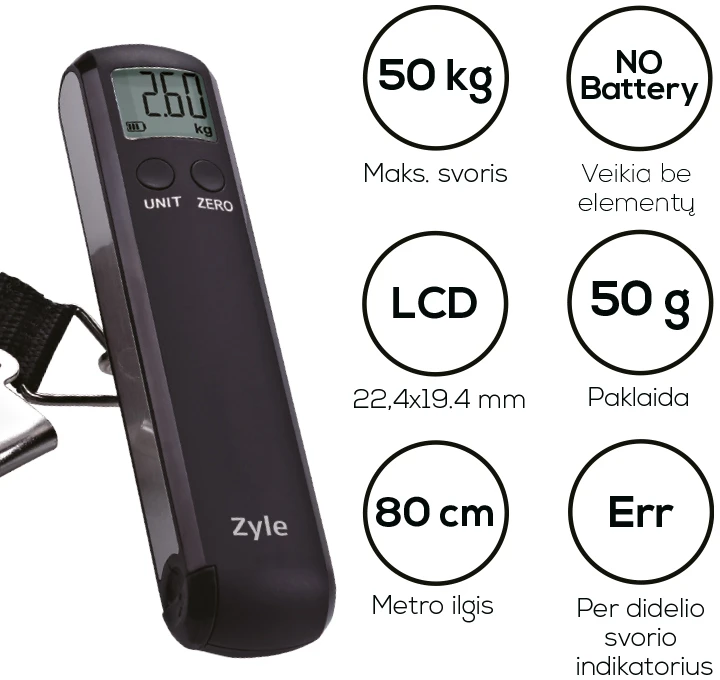 Kelioninės svarstyklės lagaminams Zyle, ZY940SC, sveria iki 50 kg, juodos