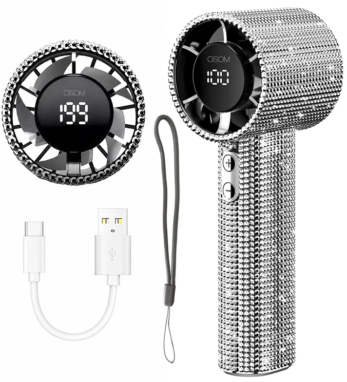 Mini nešiojamas ventiliatorius OSOM Mini Portable Fan OSOM03195, įkraunamas, su sidabriniais blizgučiais