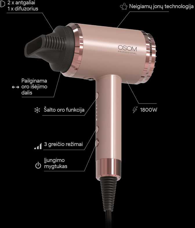 Plaukų džiovintuvas OSOM Professional Rose Gold Plaukų džiovintuvas OSOM6800RGHD, rožinio aukso spalvos, 1800 W