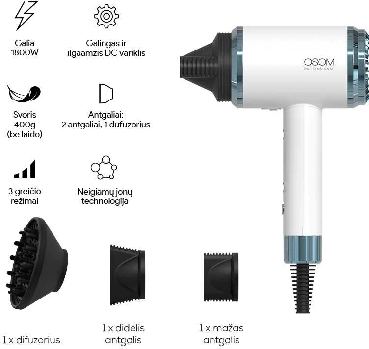 Plaukų džiovintuvas OSOM Professional Baltas Plaukų džiovintuvas OSOM6800WHHD, baltos spalvos, 1800 W
