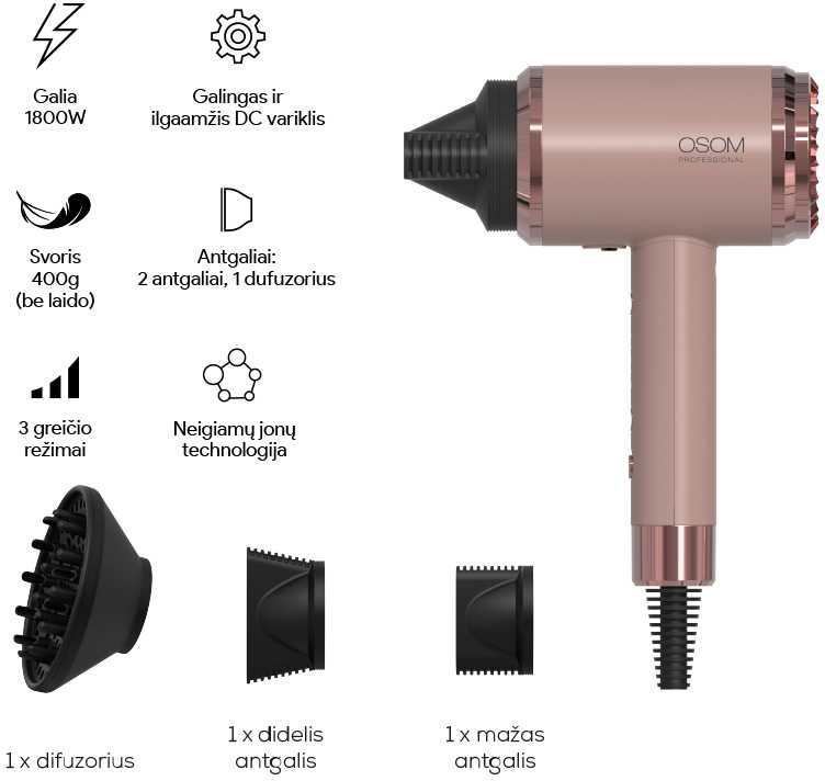 Plaukų džiovintuvas OSOM Professional Rose Gold Plaukų džiovintuvas OSOM6800RGHD, rožinio aukso spalvos, 1800 W