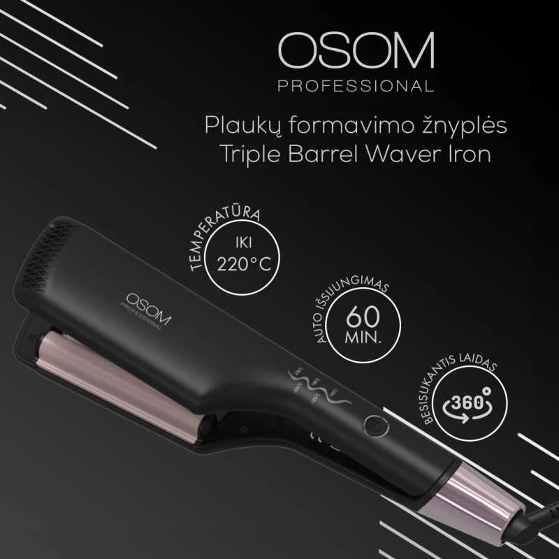Osom Professional Triple Barrel Waver Iron plaukų formavimo žnyplės, 88 W, 140 – 220°C