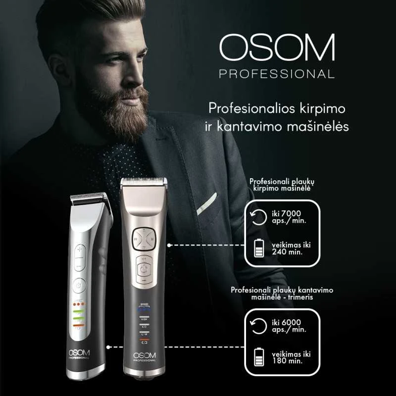 OSOM Professional Hair Trimmer Profesionali plaukų kantavimo mašinėlė - trimeris, LiFePo4 baterija, 100-240 V, 50/60 Hz, pilkos spalvos