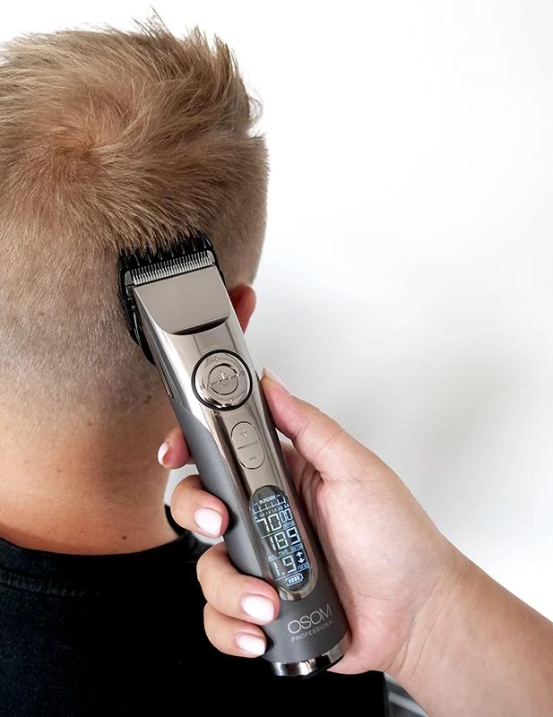 Profesionali plaukų kirpimo mašinėlė OSOM Professional Hair Clipper, reguliuojamas kirpimo ilgis 1 - 1,9 mm, su 8 šukutėmis
