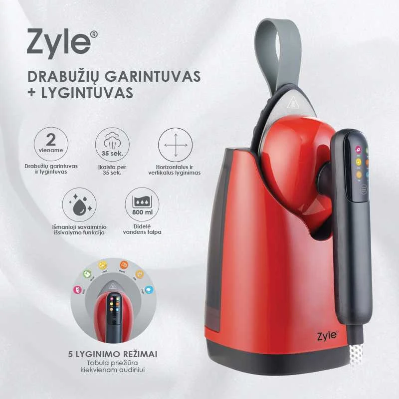 Garų lygintuvas Zyle Garment Steamer plus Iron 2 in 1, ZY904GSR, raudonas