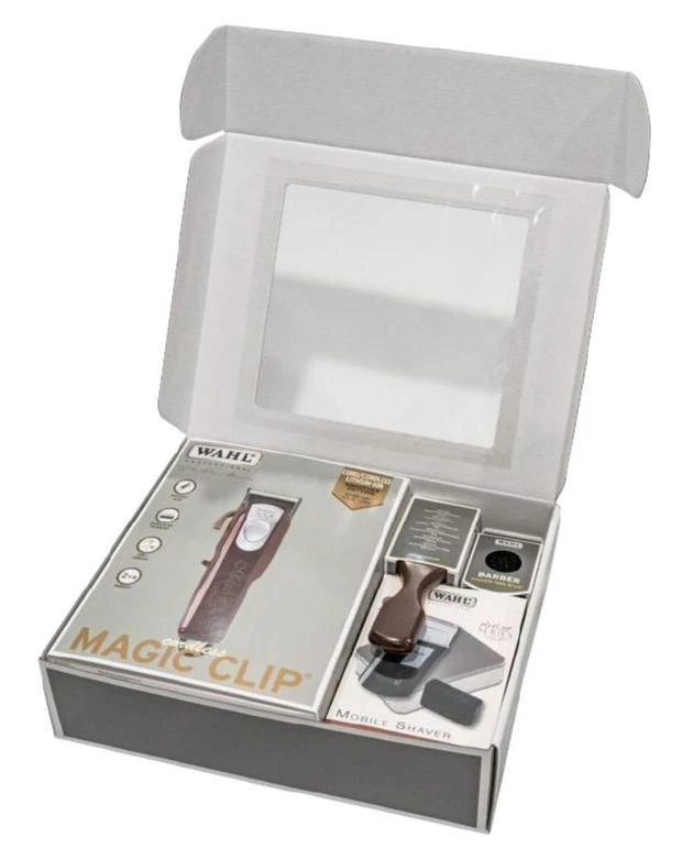Rinkinys: profesionali plaukų kirpimo mašinėlė WAHL PRO Magic Clip Cordless 5 Star Line, mobili plaukų skutimo mašinėlė WAHL Home Travel Shaver, šepetėlis ir šepetys "Fade" plaukų kirpimui WAHP3615-0473